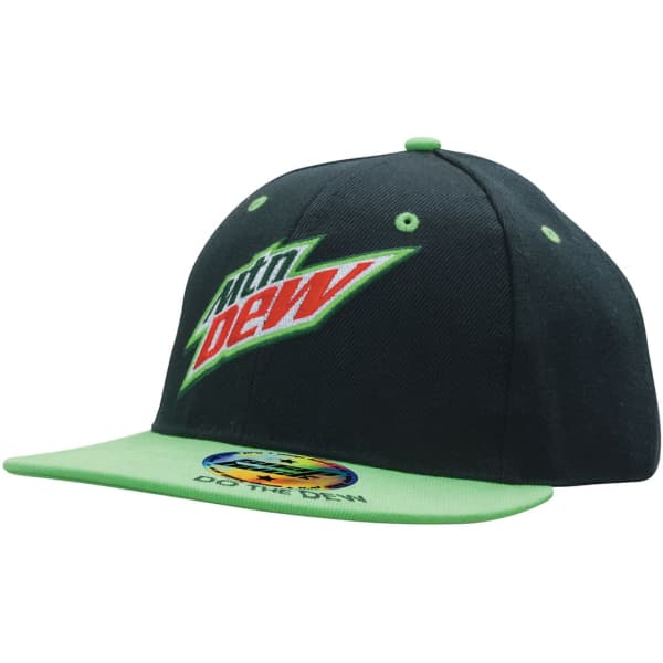 A black and green snapback cap featuring a logo on the front and another badge on the peak.
