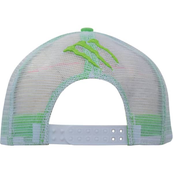 A green and white cap with a mesh back and a logo, featuring snapback pro styling.