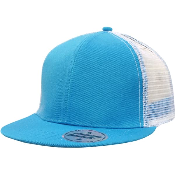 A blue cap with a mesh back and a flat brim, featuring a logo on the underside of the brim.