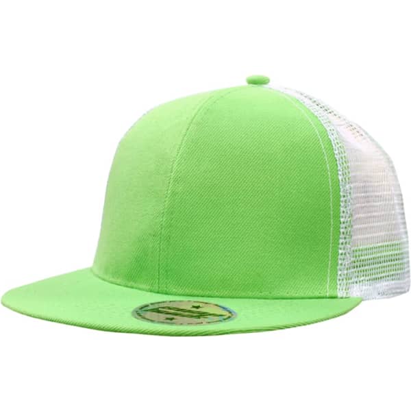 A bright green cap with a mesh back, featuring a structured design and a circular branding logo on the visor.