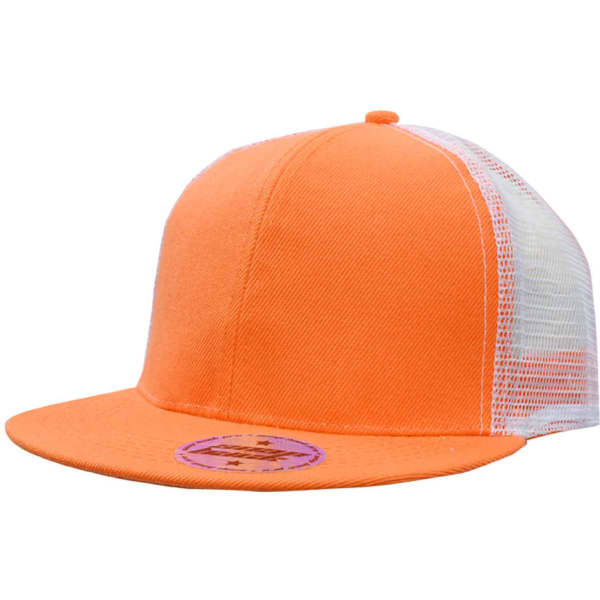 An orange cap with a mesh back and a flat brim, featuring a logo on the front.