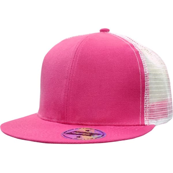 A pink cap with a mesh back and a logo, styled in a structured fit for a modern look.