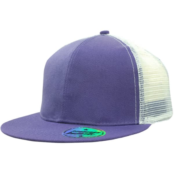 A purple cap with a white mesh back, featuring a logo on the front.