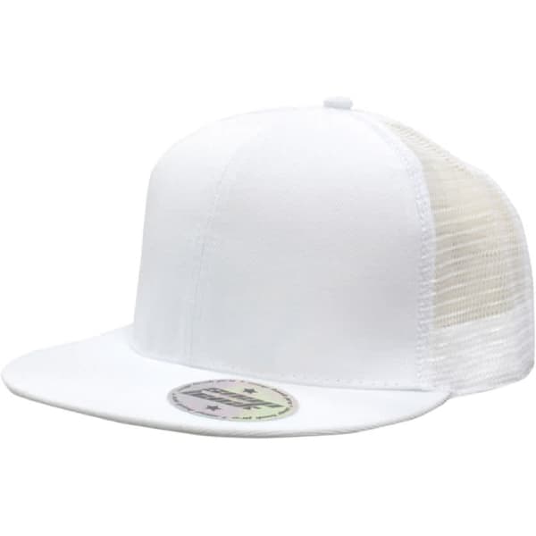 A white cap with a solid front and mesh side panels, featuring a circular logo on the brim.