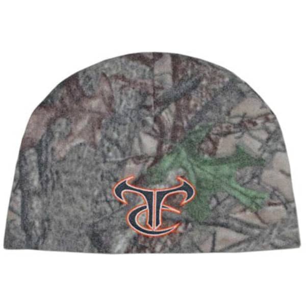 A camouflage beanie with a soft fleece texture and a logo on the front.