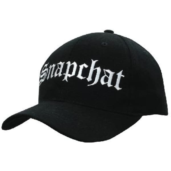 A black cap with a white embroidered logo on the front and a snapback closure.