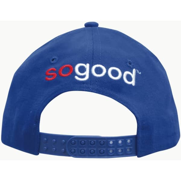 A blue cap with a snapback design featuring a logo on the back.