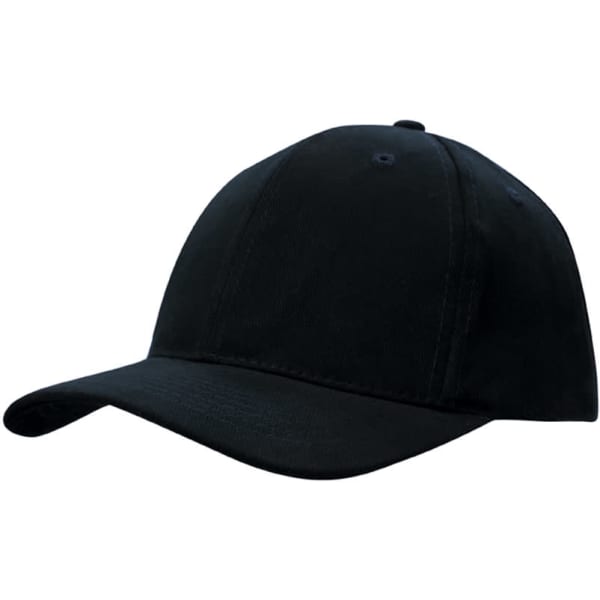 A black cap with a curved brim and snapback closure, featuring a logo on the front.