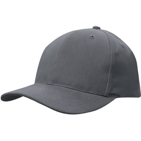 A grey cap with a snapback design, featuring a solid fabric and an understated style.