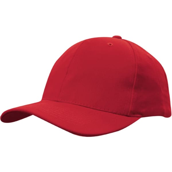 A red cap with a curved peak and an adjustable snapback. The cap features a logo on the front.