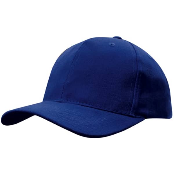 A blue brushed heavy cotton cap with a snapback style and a logo on the front.