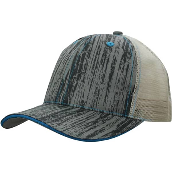 A cap featuring a wood printed design in grey with a beige mesh back and blue accents.