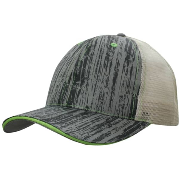 A cap featuring a wood print design with a mesh back, predominantly in grey and green tones.