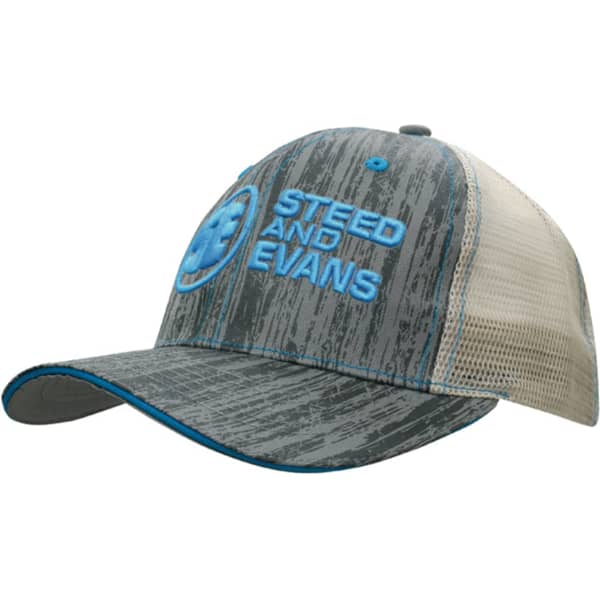 A cap featuring a grey wood print design with a blue logo and mesh back for breathability.