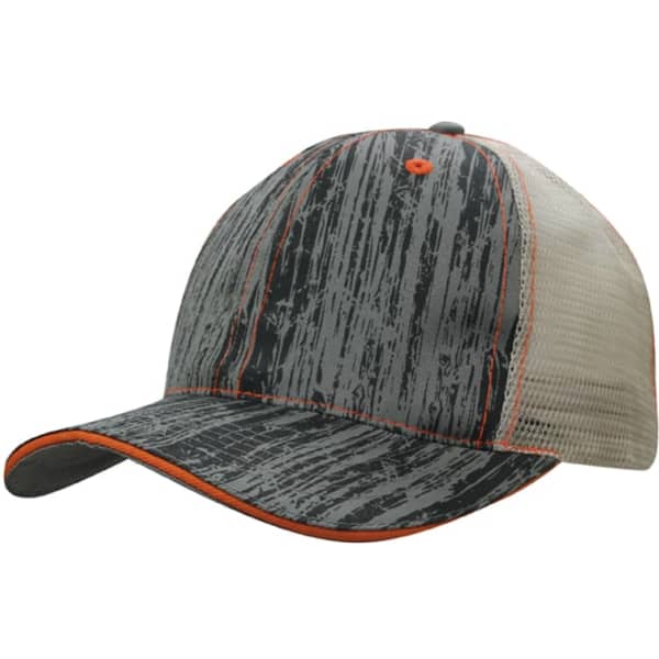 A cap featuring a wood print design in grey with orange accents and a mesh back for breathability.