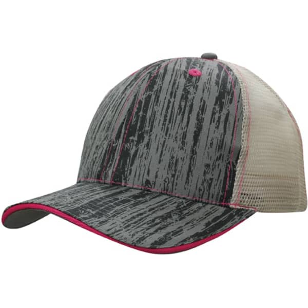 A cap featuring a wood print design in grey with a mesh back and pink accents. It has a branded logo.