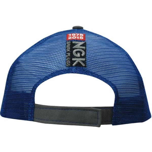 A cap with a blue mesh back, featuring a grey strap and embroidered branding on the back.