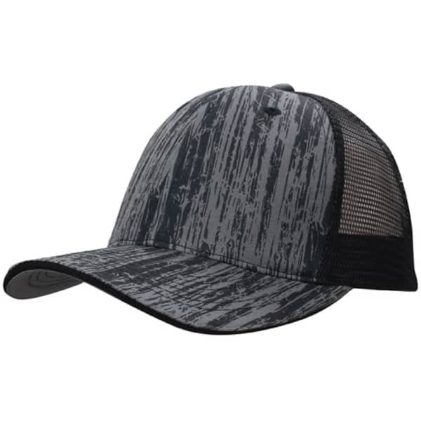 A cap featuring a wood-print design and a black mesh back. It has a curved brim and a structured shape.