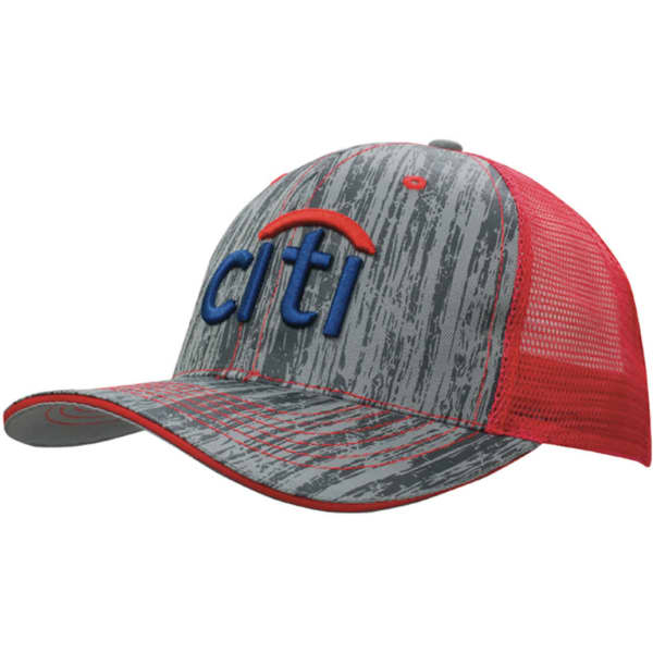A cap featuring a red mesh back and a grey front with a wood print design and a logo on the front.