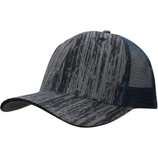 A cap featuring a wood print design with a blue mesh back, showcasing a blend of grey and blue colours.