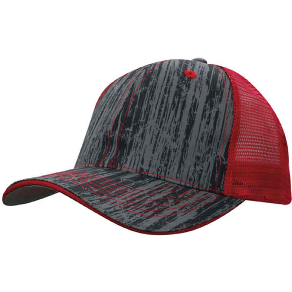 A cap featuring a wood printed design in grey with a red mesh back and a contrasting red trim.