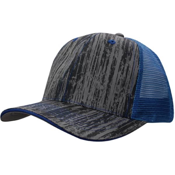 A cap featuring a wood print design with a grey and black front and a blue mesh back. It has a branded logo.