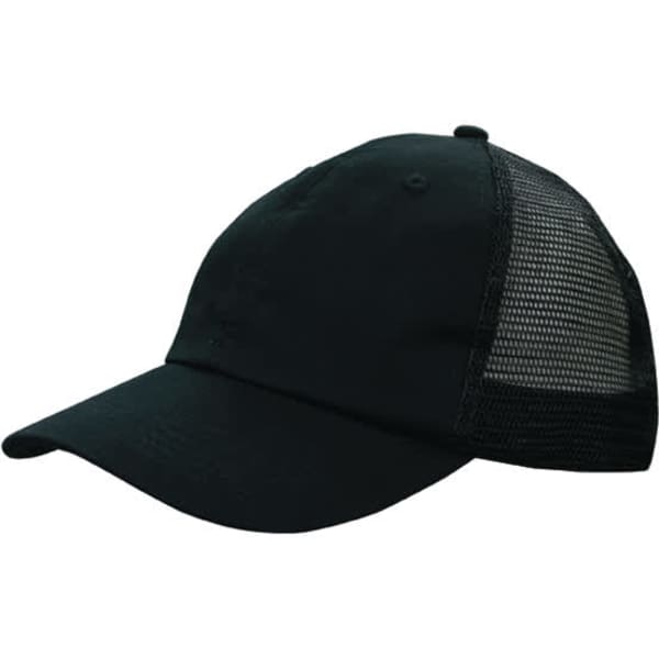 A black cap featuring soft mesh panels at the back and a curved brim. It includes a logo on the front.