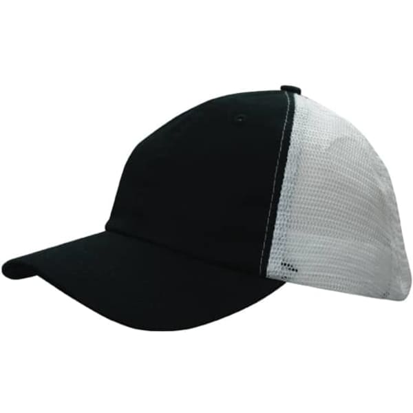 A black cap with a white soft mesh panel, featuring a logo on the front.