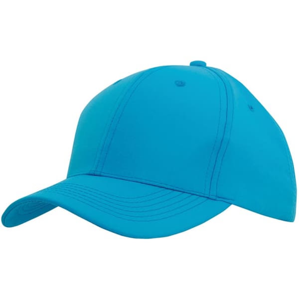 A bright turquoise cap with a structured design, featuring a logo on the front.