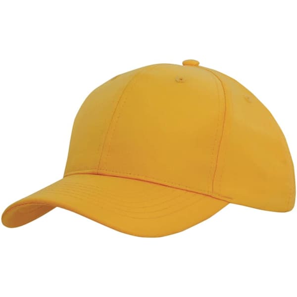 A yellow cap with a curved brim and a top button, featuring a logo on the front.