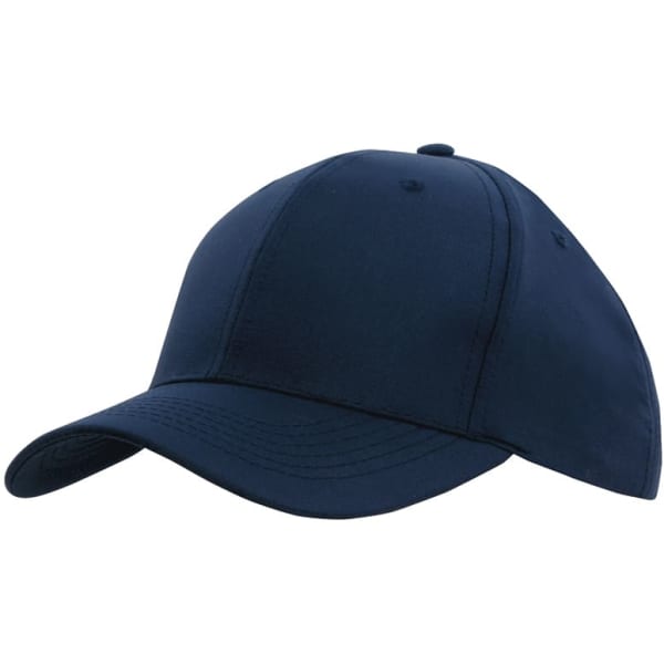 A navy blue cap with a curved brim and stitching details, featuring a logo on the front.