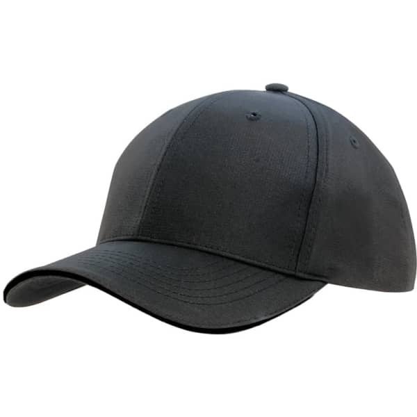 A black sports cap featuring a sandwich trim, with a curved peak and an attached logo.