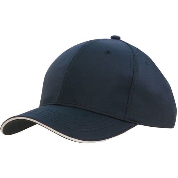 A navy blue cap with a sandwich trim, featuring a curved peak and a logo on the side.