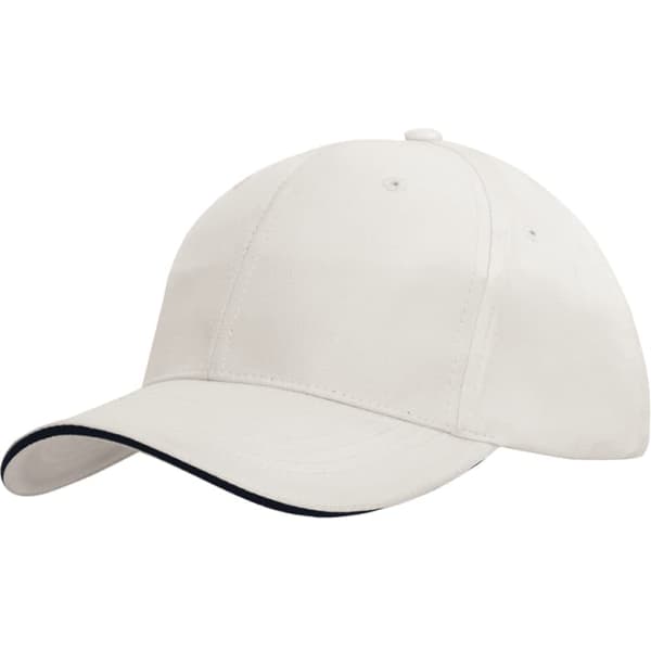 A white sports cap with sandwich trim in navy, featuring a logo on the front.