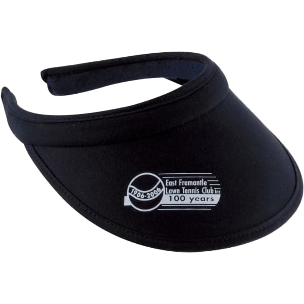 A black cotton clip-on visor featuring a logo, designed for sun protection and casual wear.