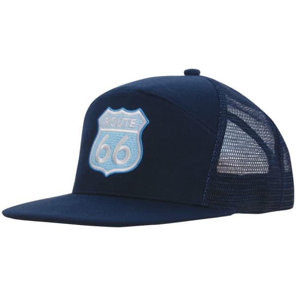 A navy blue A-frame cap with a mesh back and a patch featuring a shield design. It has a logo on the front.