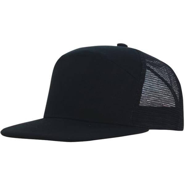 A black premium American twill A-frame cap with a mesh back, featuring a logo on the front.