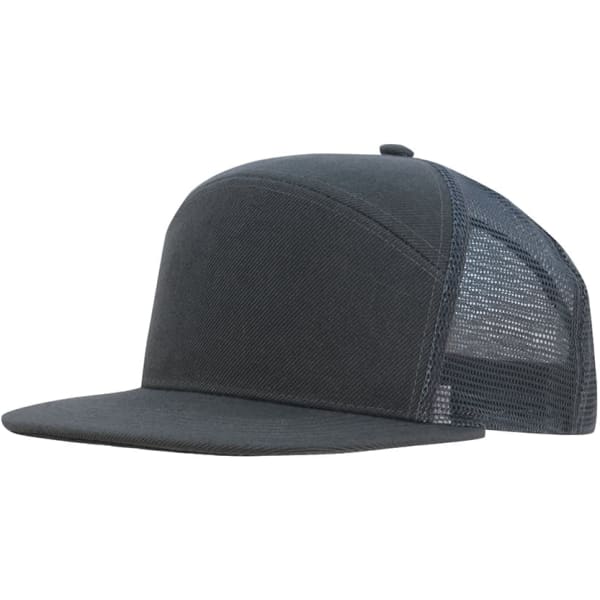 A premium dark grey A-frame cap with a mesh back and a flat brim, featuring a logo on the front.