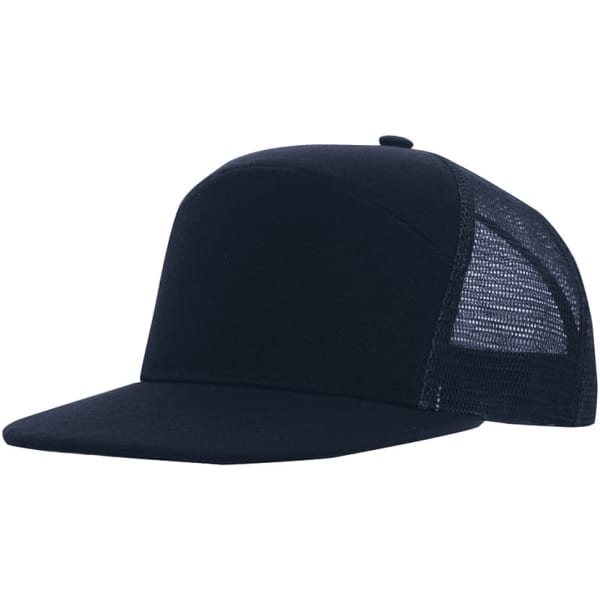 A navy blue A-frame cap with a mesh back and a solid front panel, featuring a logo.