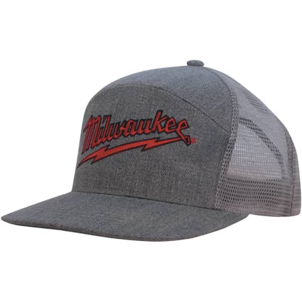 A grey A-frame cap with a mesh back featuring a logo on the front.