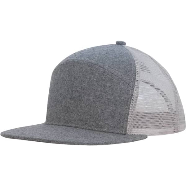 A grey twill A-frame cap with a mesh back and a flat brim. Features a logo on the front.