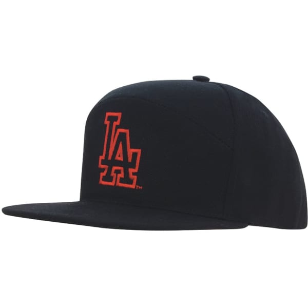 A black A-frame cap featuring an embroidered logo in orange. The cap has a flat brim and a structured design.