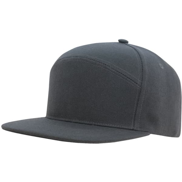 A dark grey premium American twill A-frame cap with a structured design and a flat brim, featuring a logo.