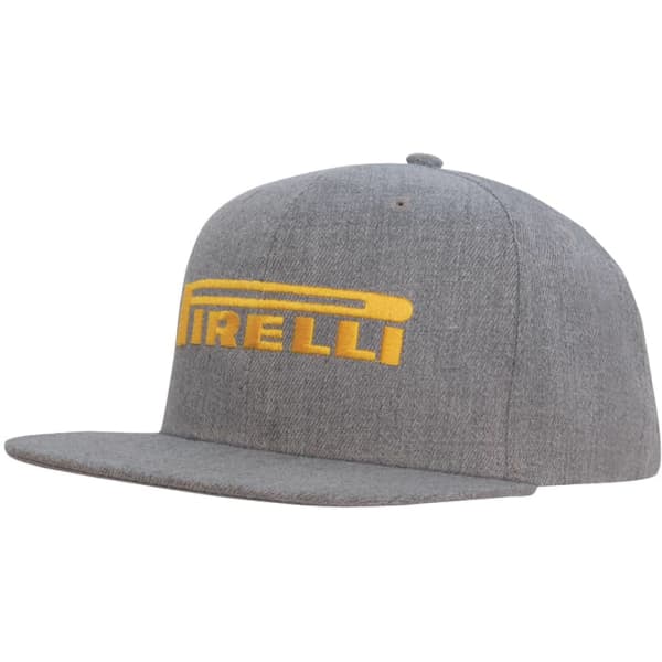 A flat peak cap in grey with a yellow logo on the front, featuring a wool fabric finish.