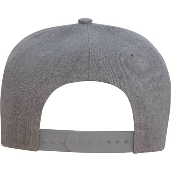 A grey flat peak cap featuring a snapback closure and a branded logo on the back.