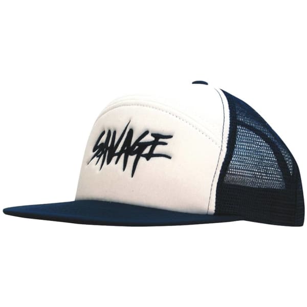 A foam front A-frame cap with a white front and navy mesh back, featuring a logo on the front.