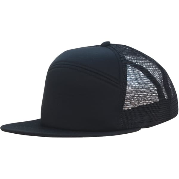 A black foam front A-frame cap with a mesh back, featuring a curved brim and a logo.