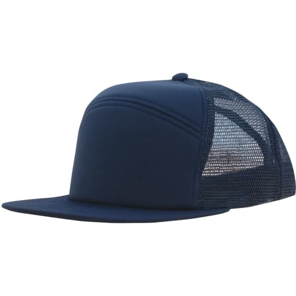 A navy blue foam front A-frame cap with a mesh back and a curved visor, featuring a logo.