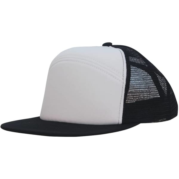 A foam front A-frame cap in white and black, featuring a mesh back and a branded logo.