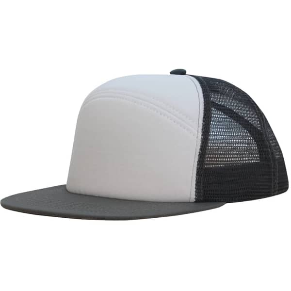 A foam front A-frame cap with a mesh back, featuring a grey brim and white front panel. It has a logo on it.
